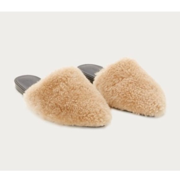 Jenni Kayne Shearling Mules Slip On Flats Semi-Pointed Toe Tan